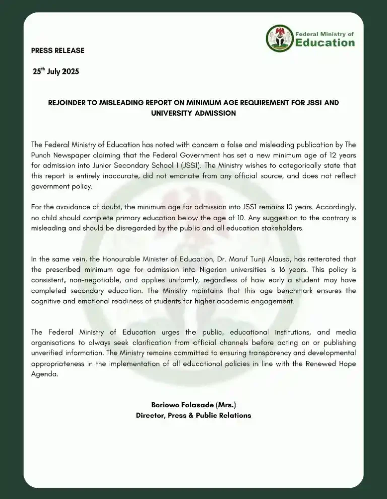 FG Denies 12 Year JSS1 Age Limit Claims, Says It’s 10 Years