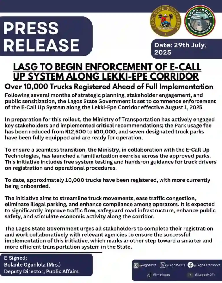 Lagos E-Call Up System Enforcement on Lekki-Epe Corridor