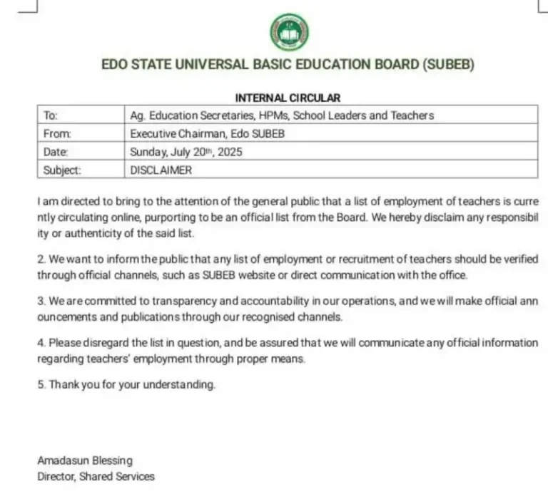 Edo SUBEB Denies Circulating Teachers Employment List
