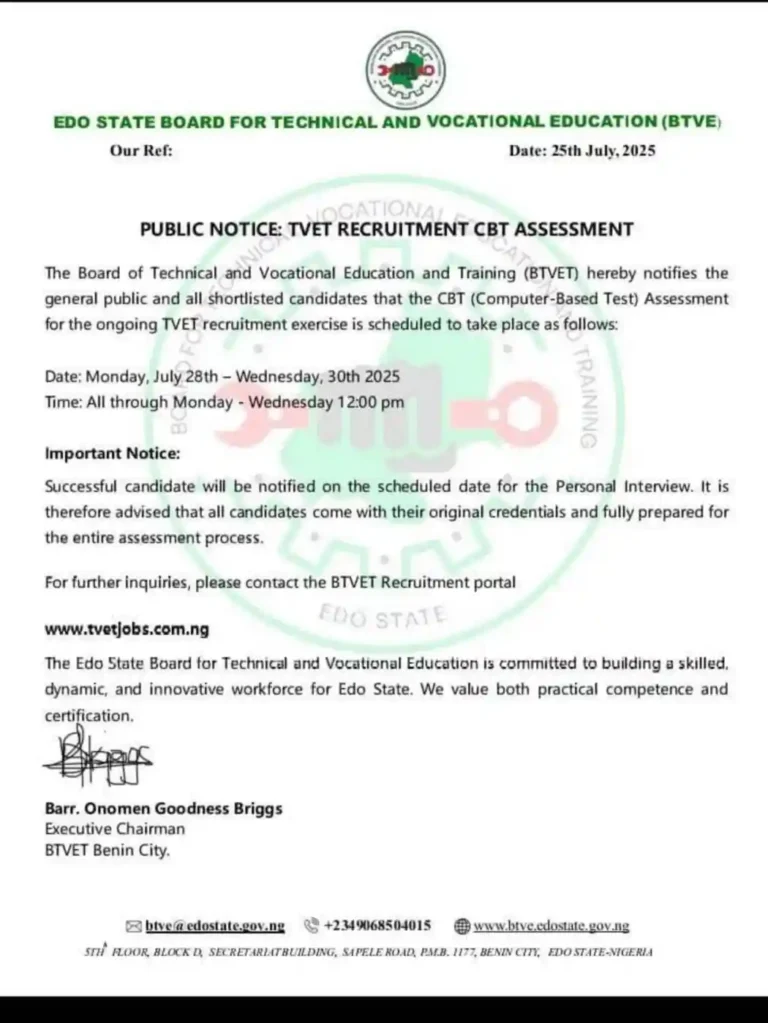 EDO TVET Recruitment CBT Exam Date 2025