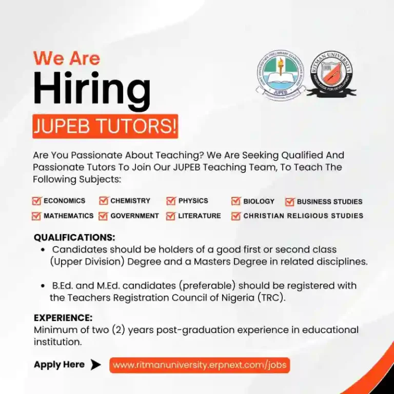 Apply: Ritman University  Recruitment (JUPEP Tutors)