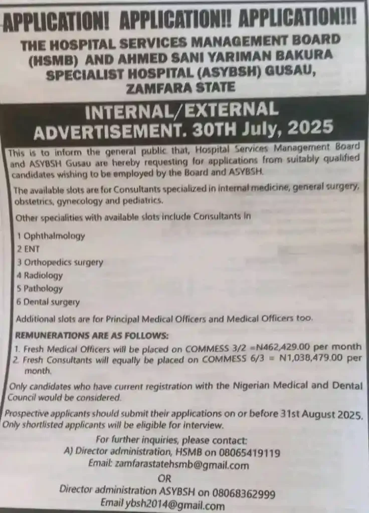 Apply: Hospital Services Management Board and ASYBSH Gusau Recruitment