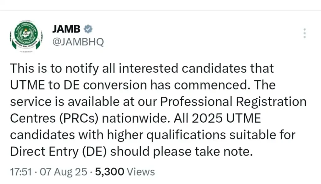 Just In: JAMB Begins UTME to DE Conversion for 2025 Candidates