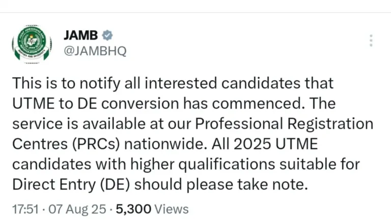 Just In: JAMB Begins UTME to DE Conversion for 2025 Candidates