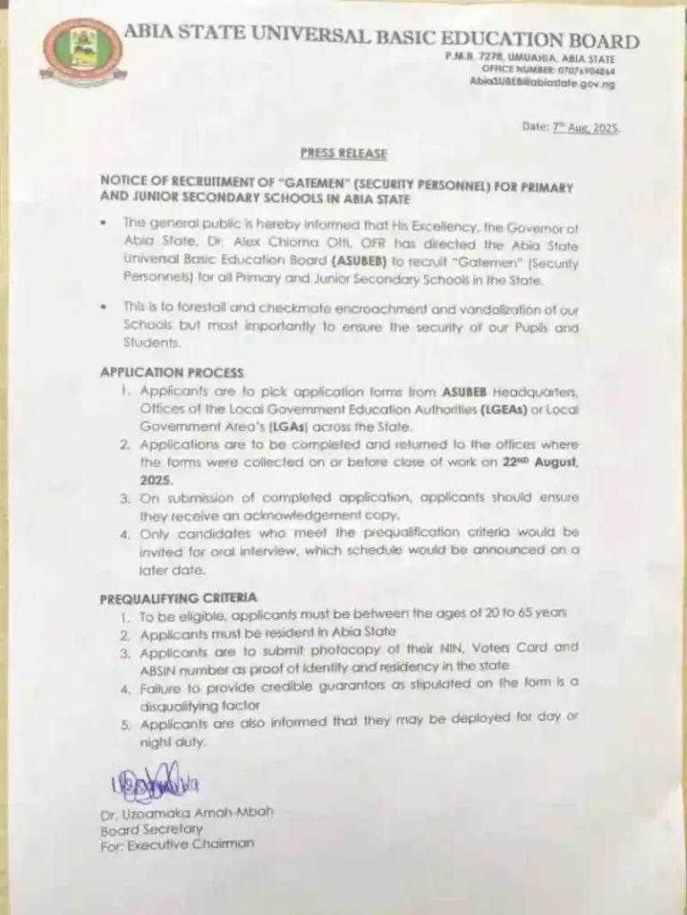 Apply: Abia State SUBEB Gatemen Recruitment 2025
