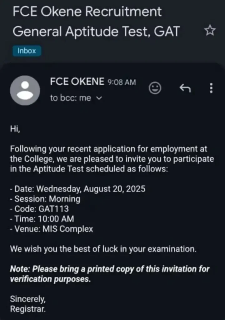 FCE Okene Sends Aptitude Test Invitations to Shortlisted Applicants