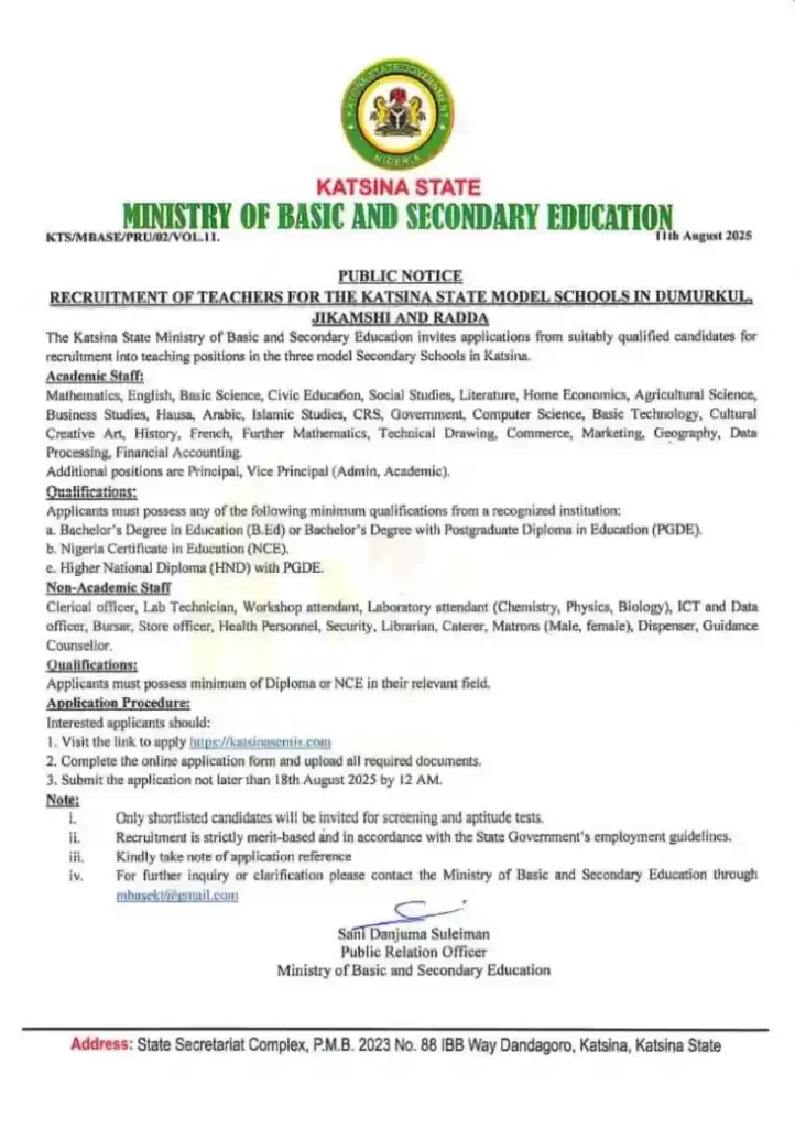 Apply: Katsina State Model Schools Teachers Recruitment 2025