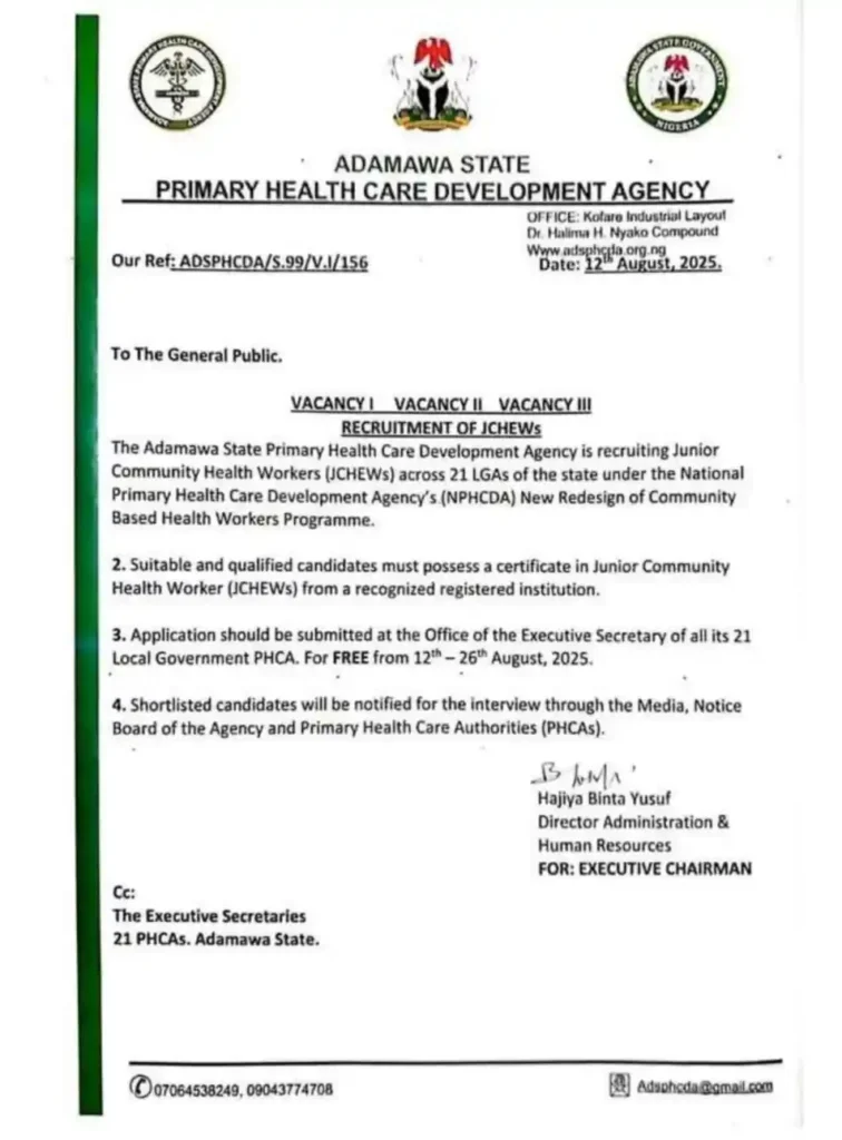 Apply: Adamawa State Primary Health Care Development Agency JCHEWs Recruitment