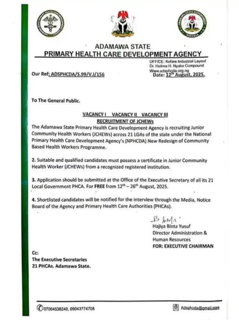 Apply: Adamawa State Primary Health Care Development Agency JCHEWs Recruitment