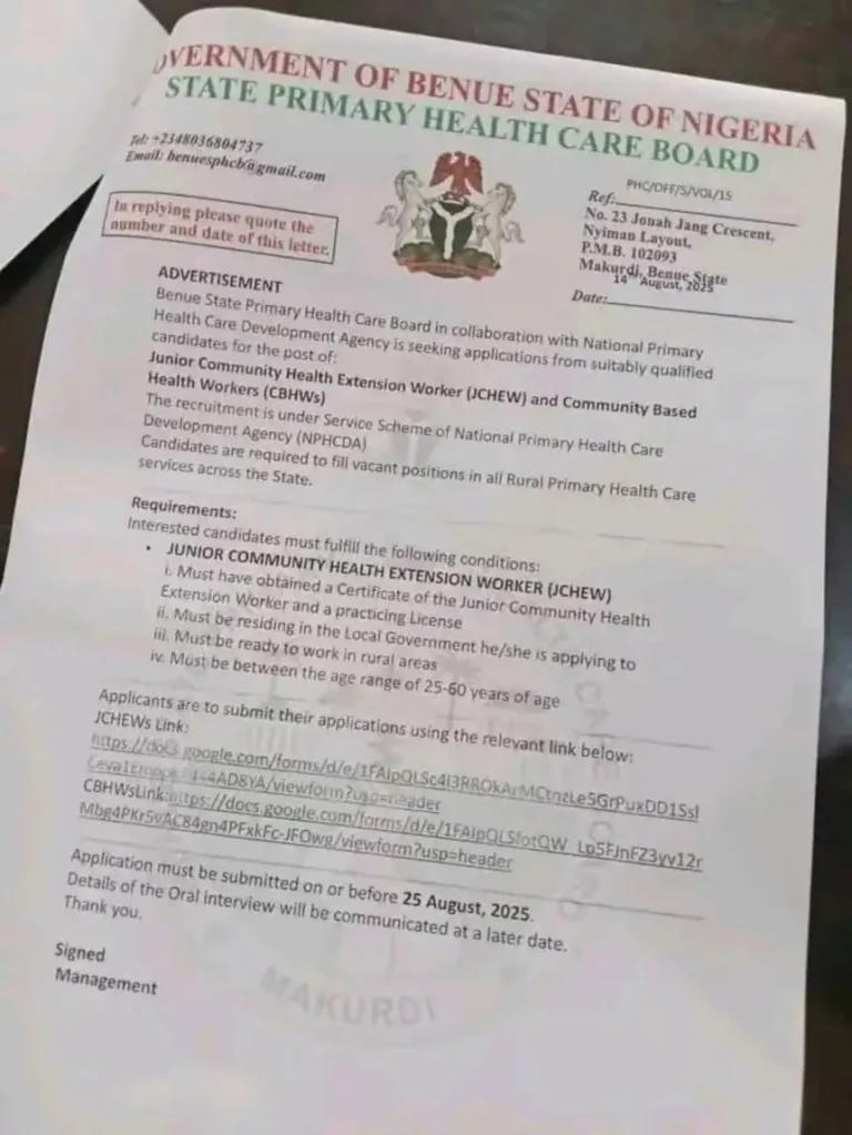 Apply: Benue State Primary Health Care Board JCHEWs CBHWs Recruitment