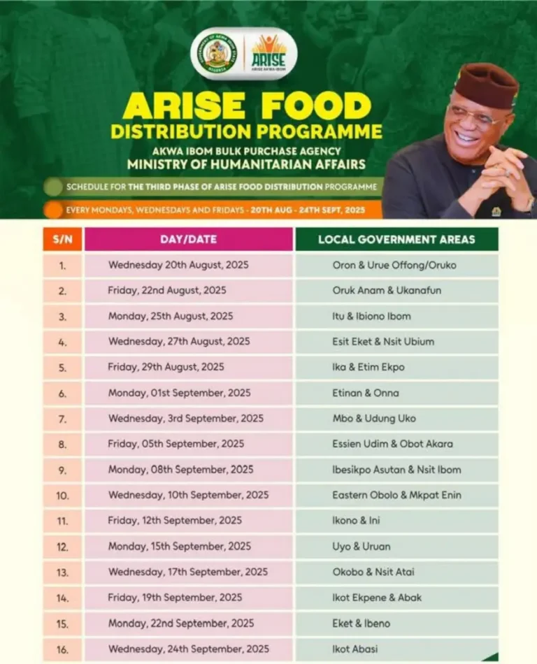 Akwa Ibom ARISE Free Food Distribution Programme Schedule Date 2025