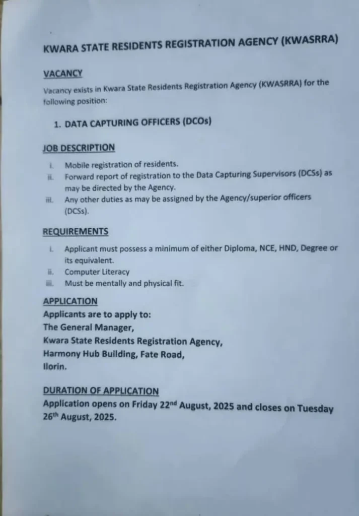 Apply: Kwara State Residents Registration Agency KWASRRA Recruitment