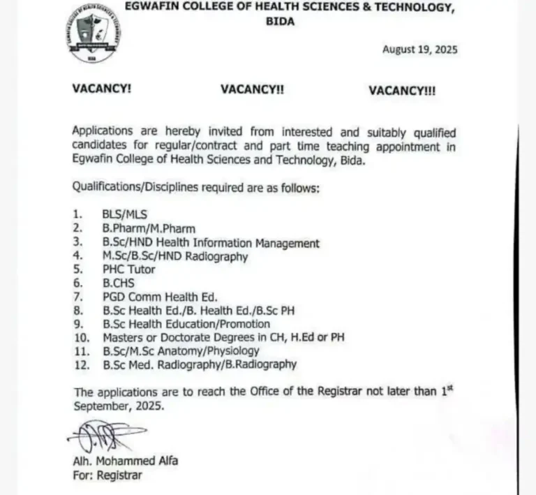 Egwafin College of Health Sciences and Technology, Bida Recruitment