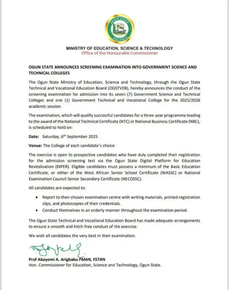 Ogun Sets Screening Date for Technical and Vocational Colleges 2025/2026