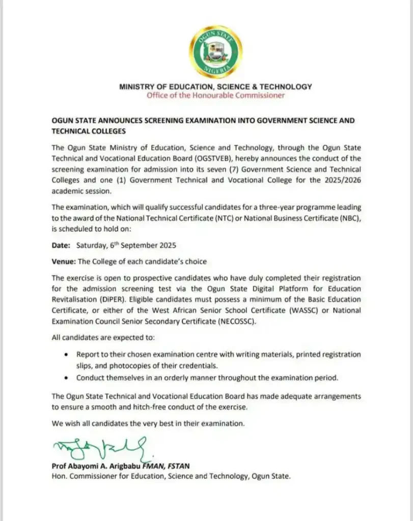 Ogun Sets Screening Date for Technical and Vocational Colleges 2025/2026