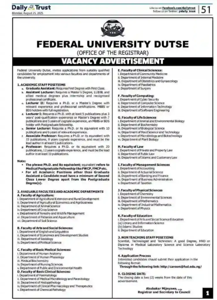 Apply: Federal University Dutse Recruitment 2025