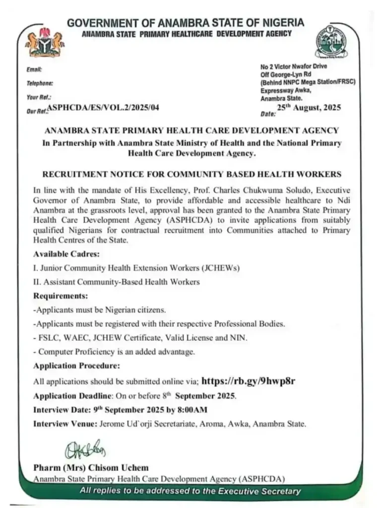 Apply: Anambra Primary Health Care Development Agency Recruitment 2025
