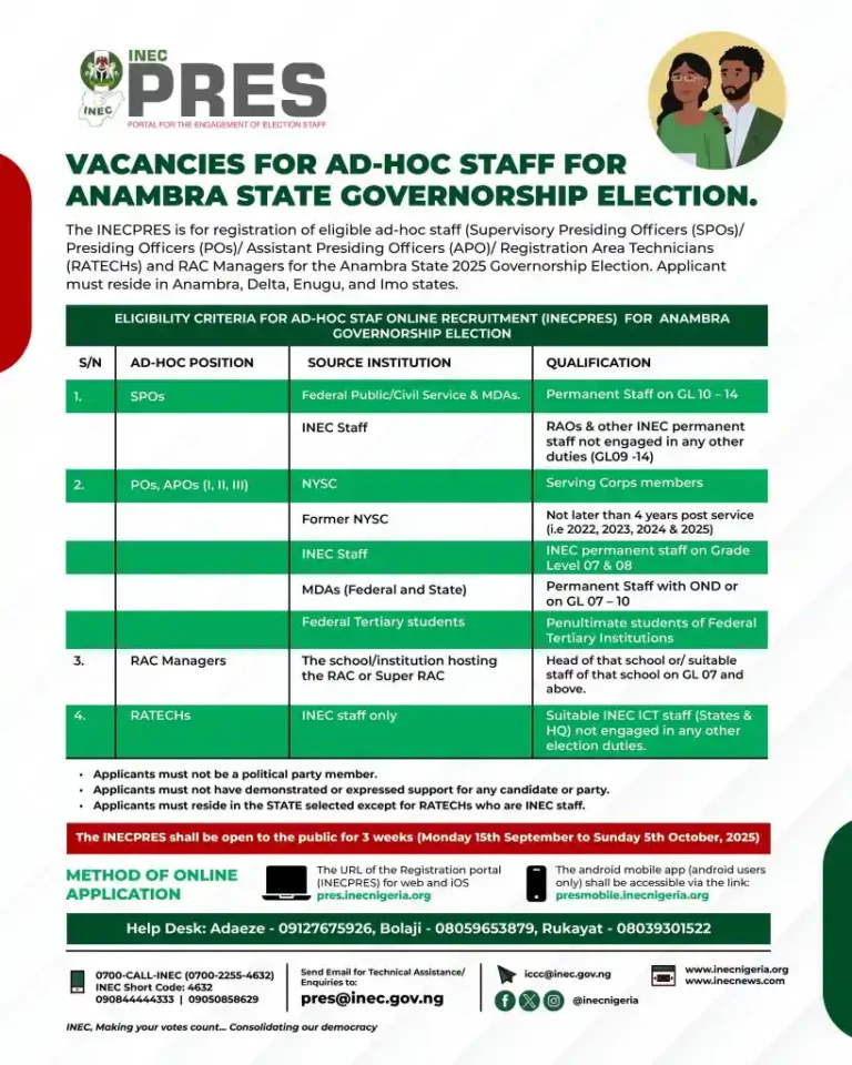 Apply: INEC Ad-hoc staff recruitment  Anambra governorship election