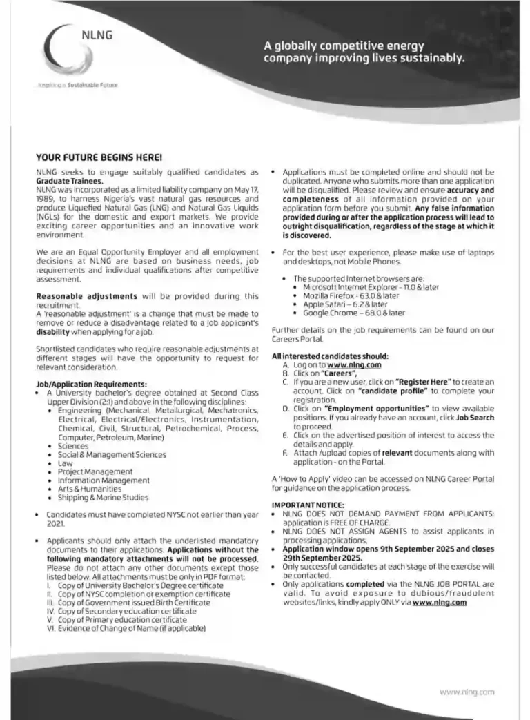 Apply: NLNG Graduate Trainee Program 2025