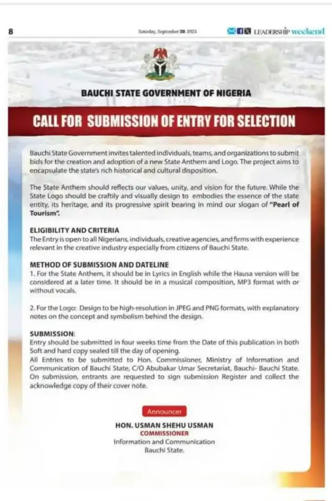 Bauchi State calls for entries for new Anthem and Logo