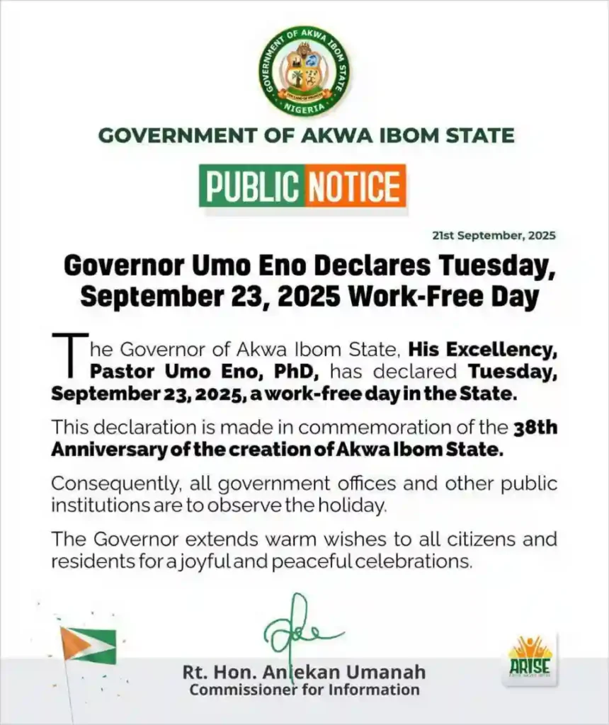 Akwa Ibom declares September 23, 2025 work-free day