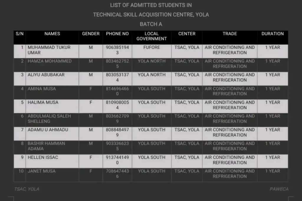 Adamawa State releases batch A technical skill acquisition admission list