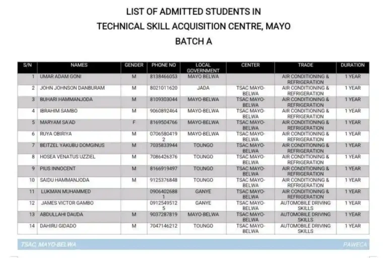 Adamawa PAWECA releases batch A and B admission list for technical skill acquisition