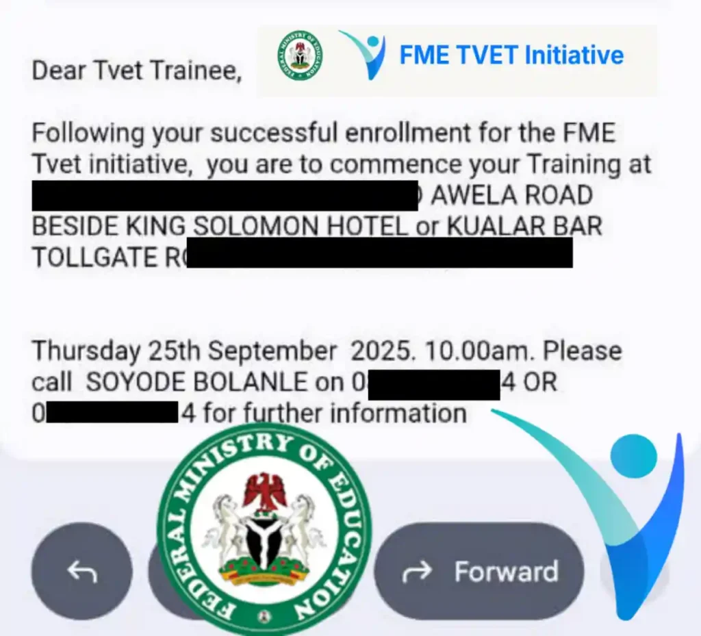 FME TVET approves trainees, sends email to resume training