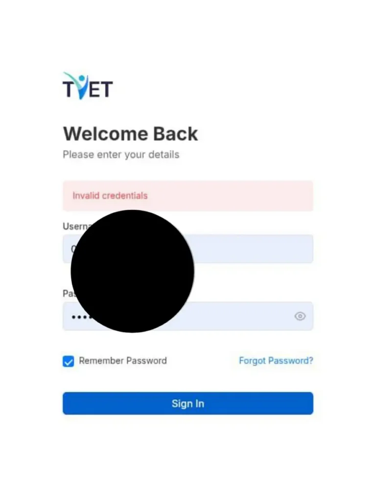 TVET portal login showing invalid credentials, network issues