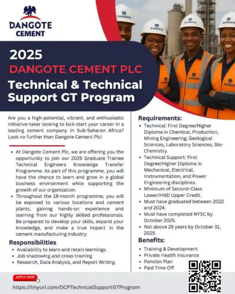 Dangote Cement opens 2025 graduate trainee technical & support program