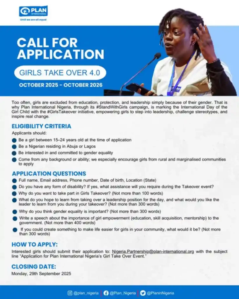 Plan International Nigeria calls for applications for girls take over 4.0