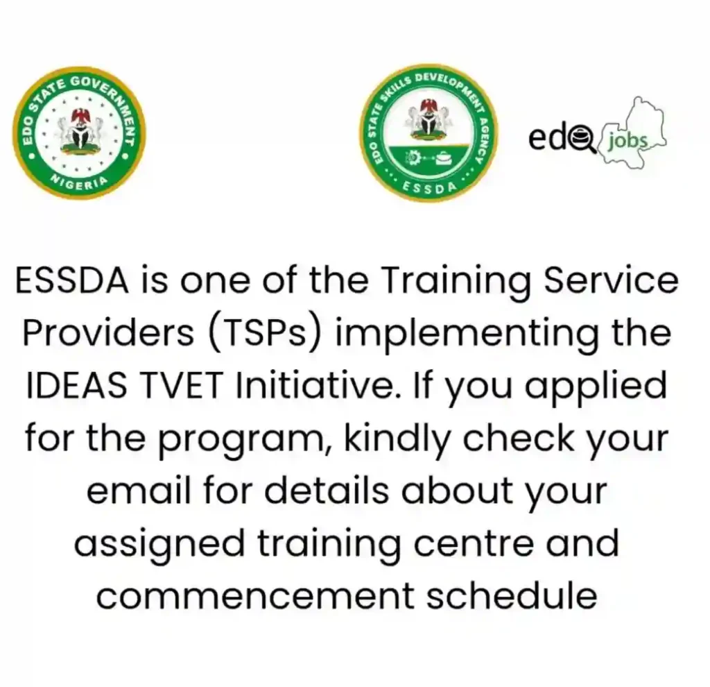 Edo ESSDA sends IDEAS TVET training centre, schedule to emails