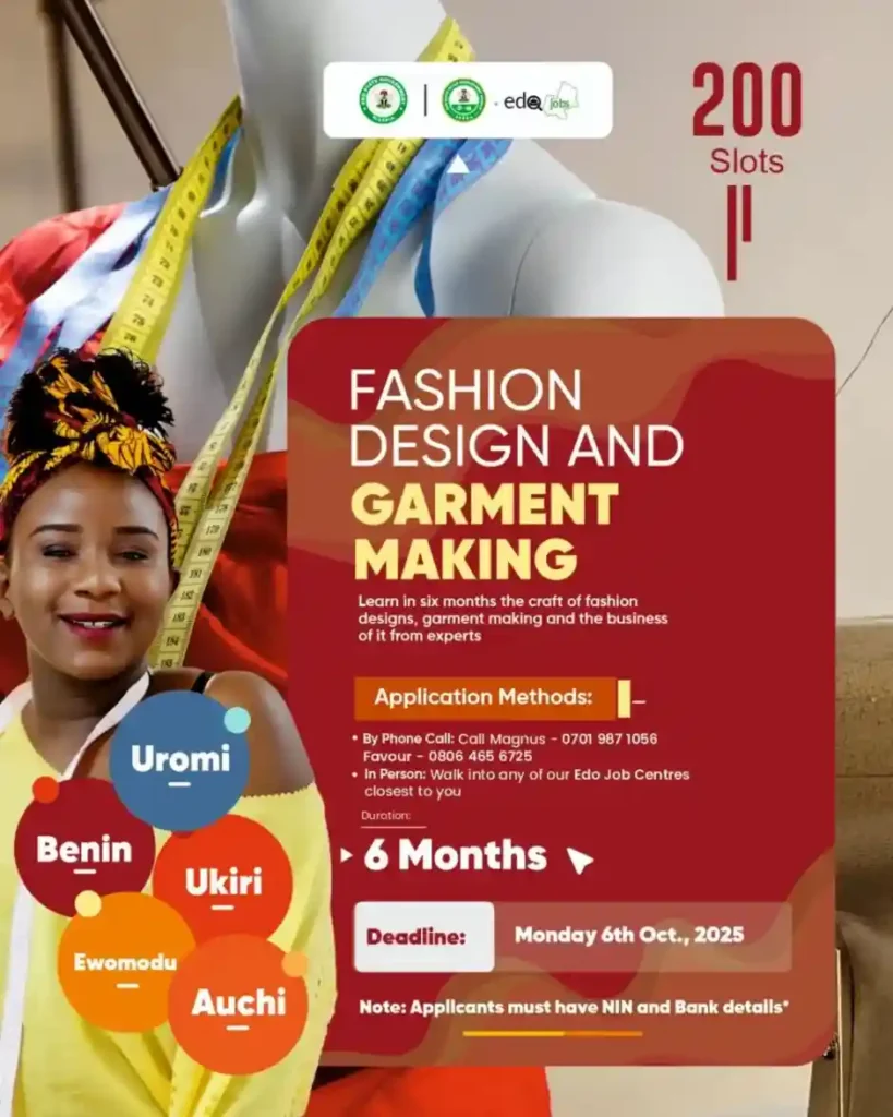 Edojobs opens fashion design and garment making training with stipend