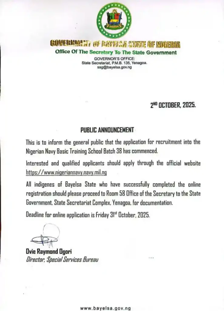 Navy recruitment: Bayelsa applicants to report for documentation at SSG office