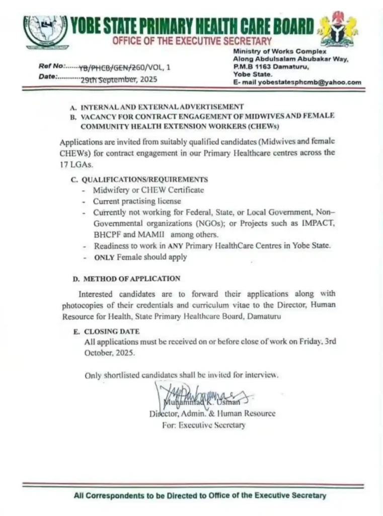 Yobe Health Board opens contract recruitment for midwives, CHEWs