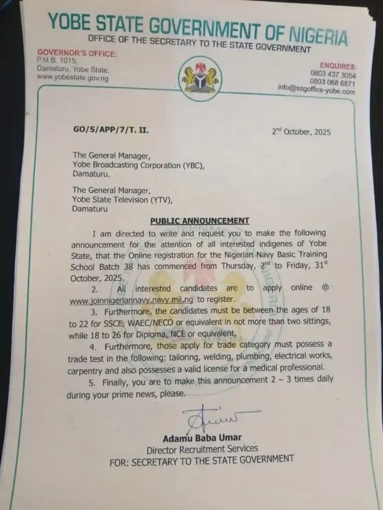 Yobe urges indigenes to apply for Nigerian Navy training batch 38