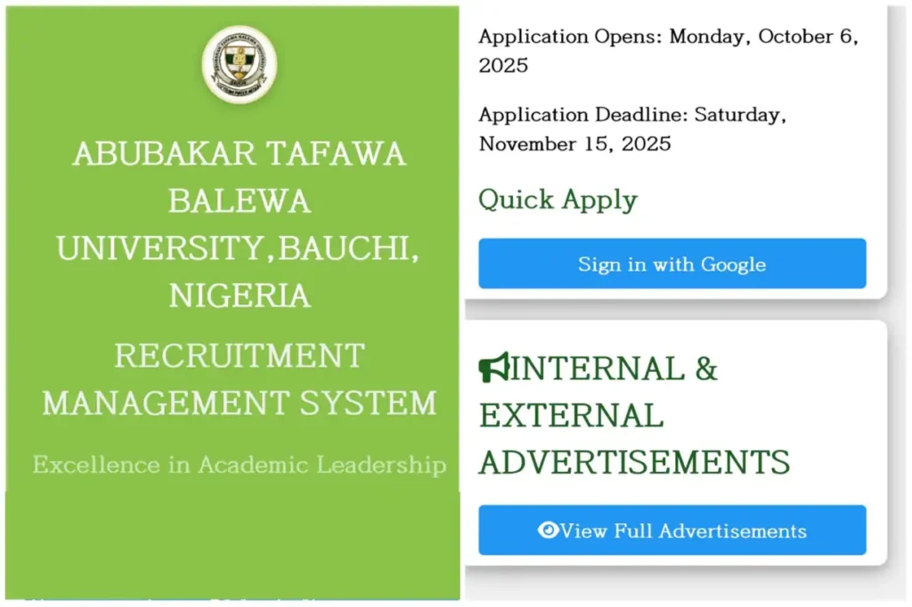 ATBU Bauchi announces 2025 recruitment for academic and non-teaching staff