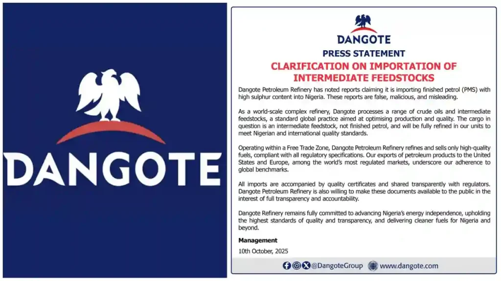 Dangote Refinery denies importing high-sulphur petrol from UK