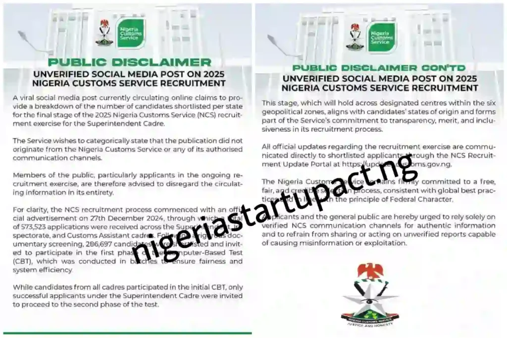 Nigeria Customs debunks fake 2025 shortlist list circulating online