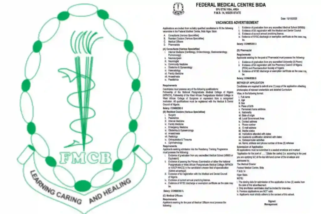 Federal Medical Centre Bida announces recruitment