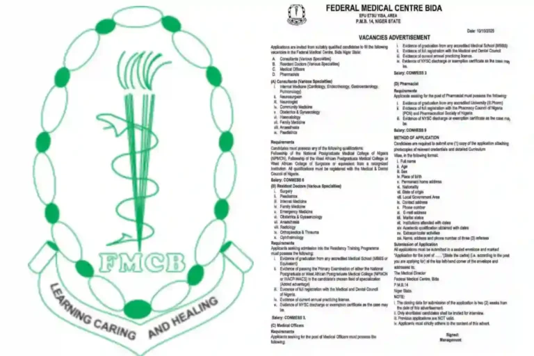 Federal Medical Centre Bida announces recruitment