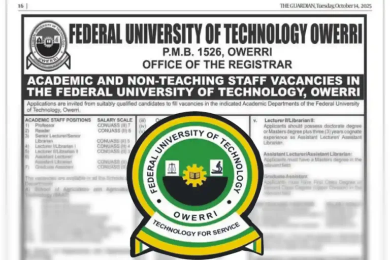 FUTO Owerri announces academic and non-teaching recruitment 2025