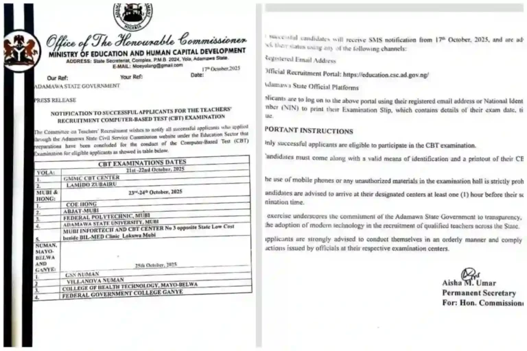 Adamawa sends sms to successful teachers, releases cbt exam schedule
