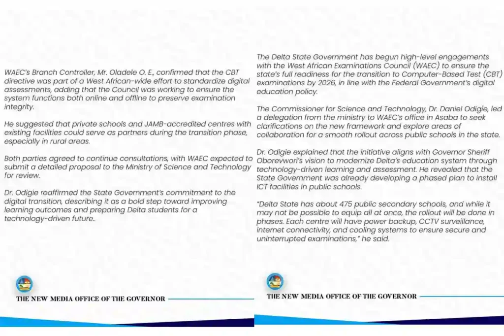 Delta State begins talks with WAEC on 2026 CBT exam