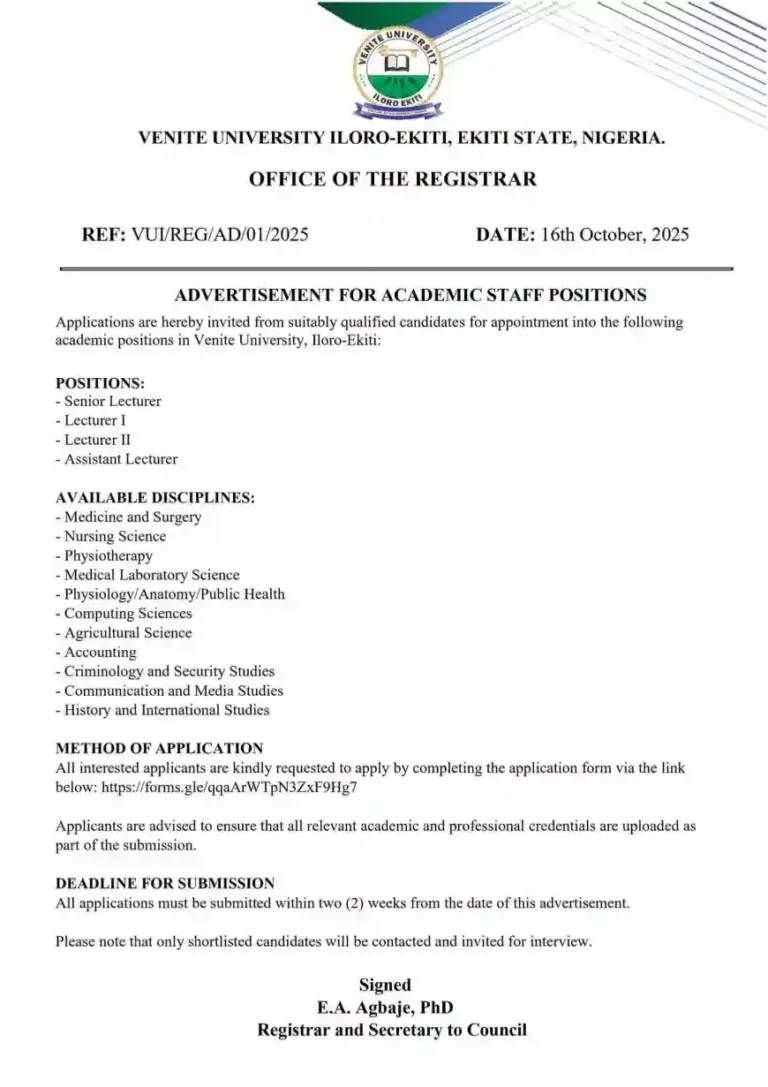 Venite University Iloro-Ekiti opens applications for staff recruitment