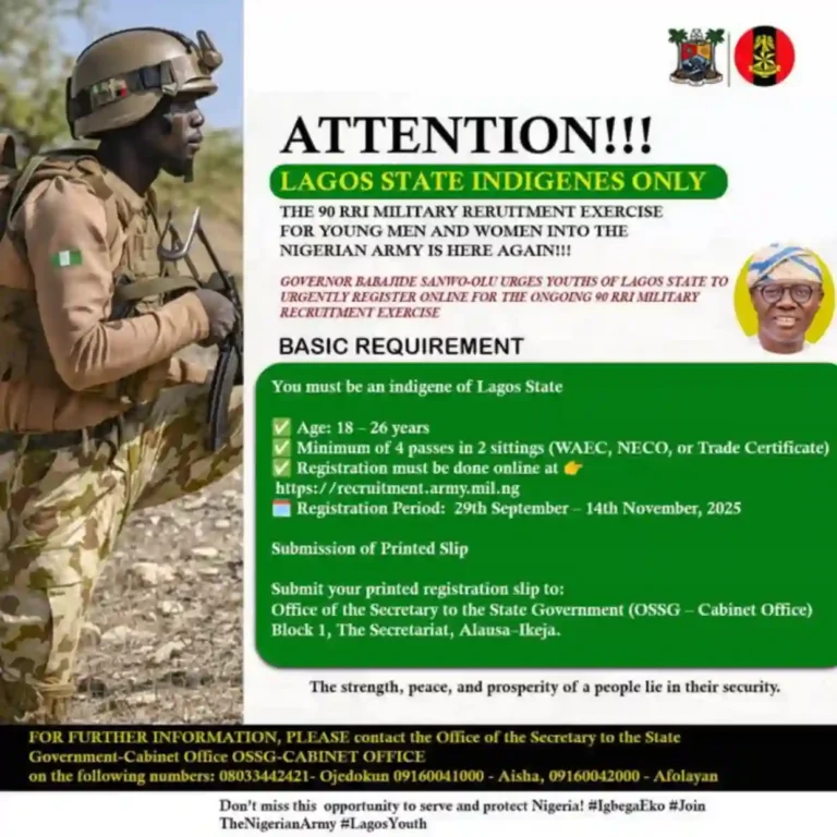 Lagos tells indigenes to apply for Nigerian Army 90 RRI recruitment
