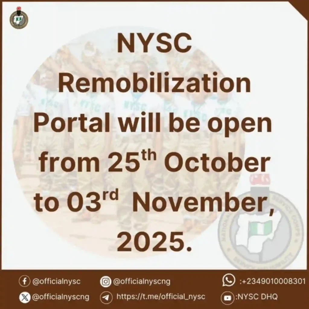NYSC opens Remobilization portal October 25 to November 3, 2025
