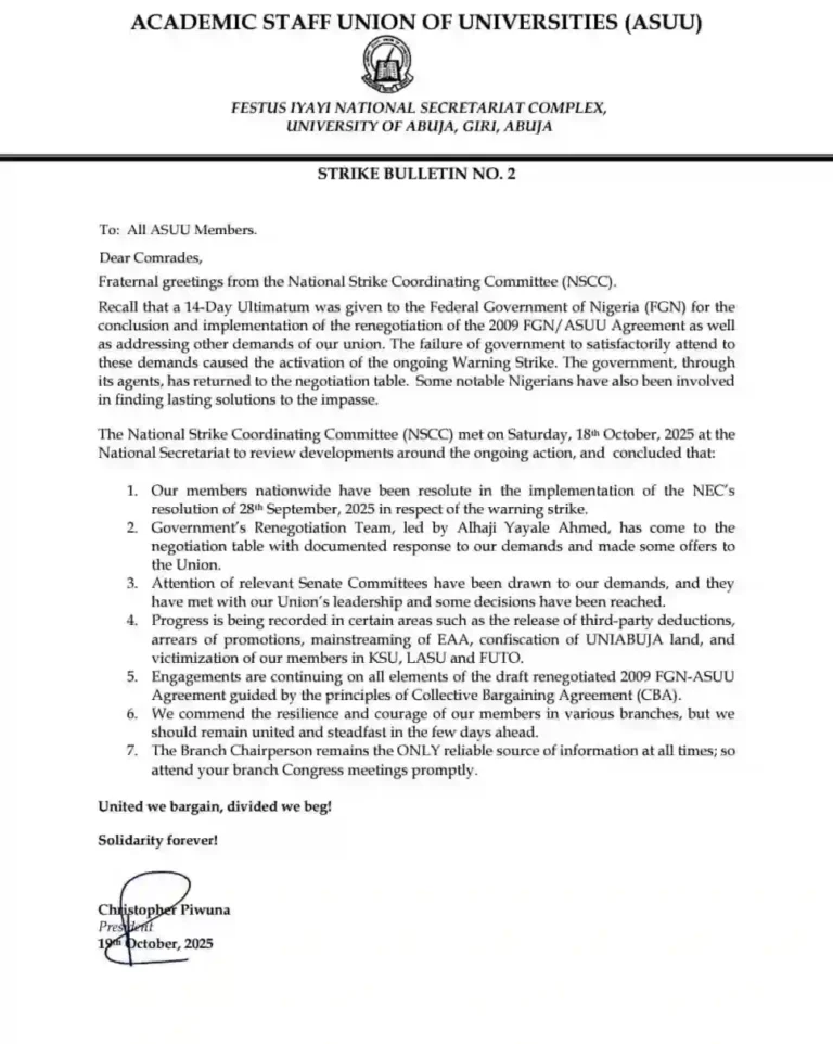 ASUU releases strike bulletin 2, confirms progress in talks with FG