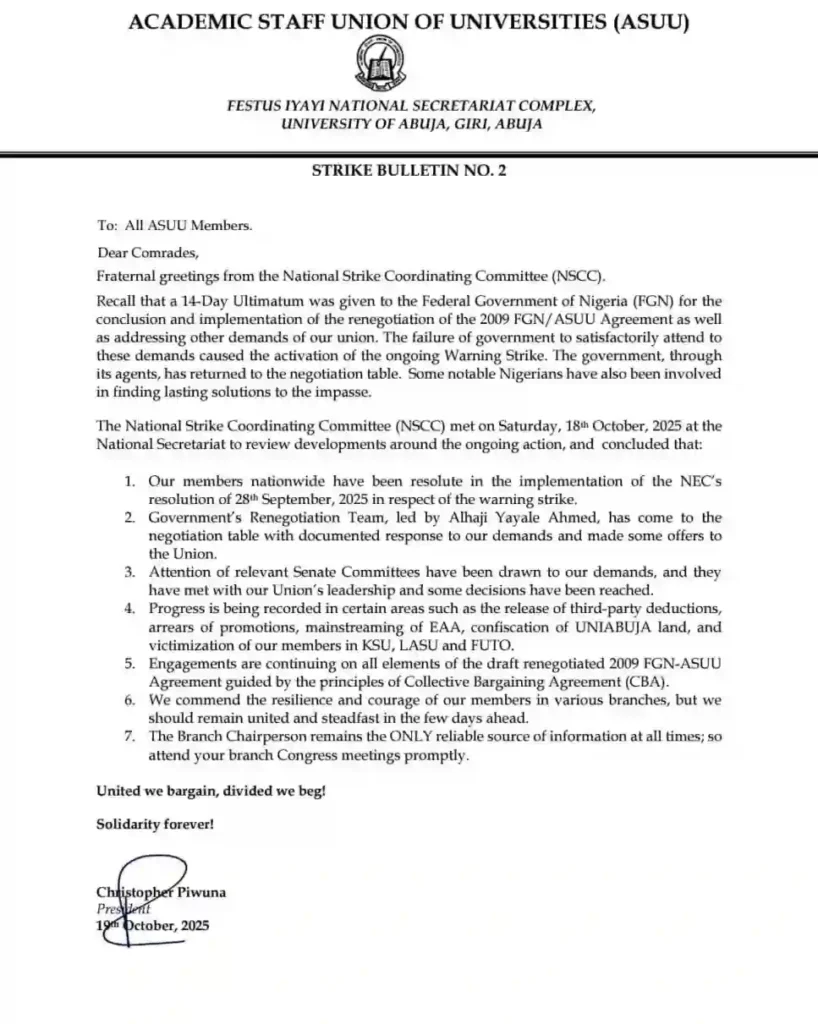 ASUU releases strike bulletin 2, confirms progress in talks with FG