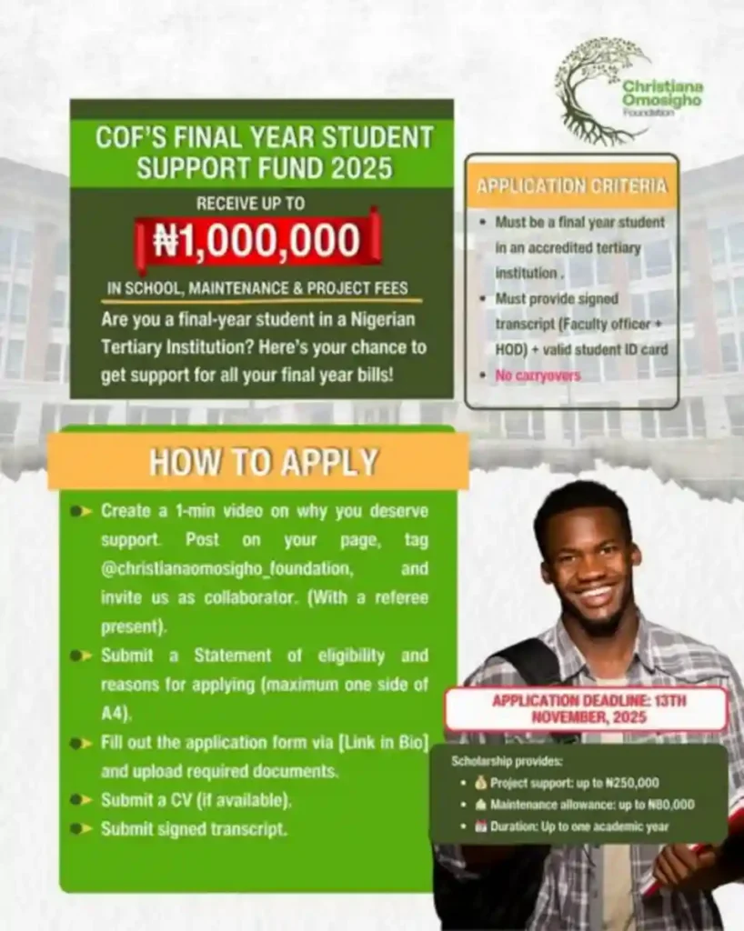 COF final year student support fund 2025 offers N1 million